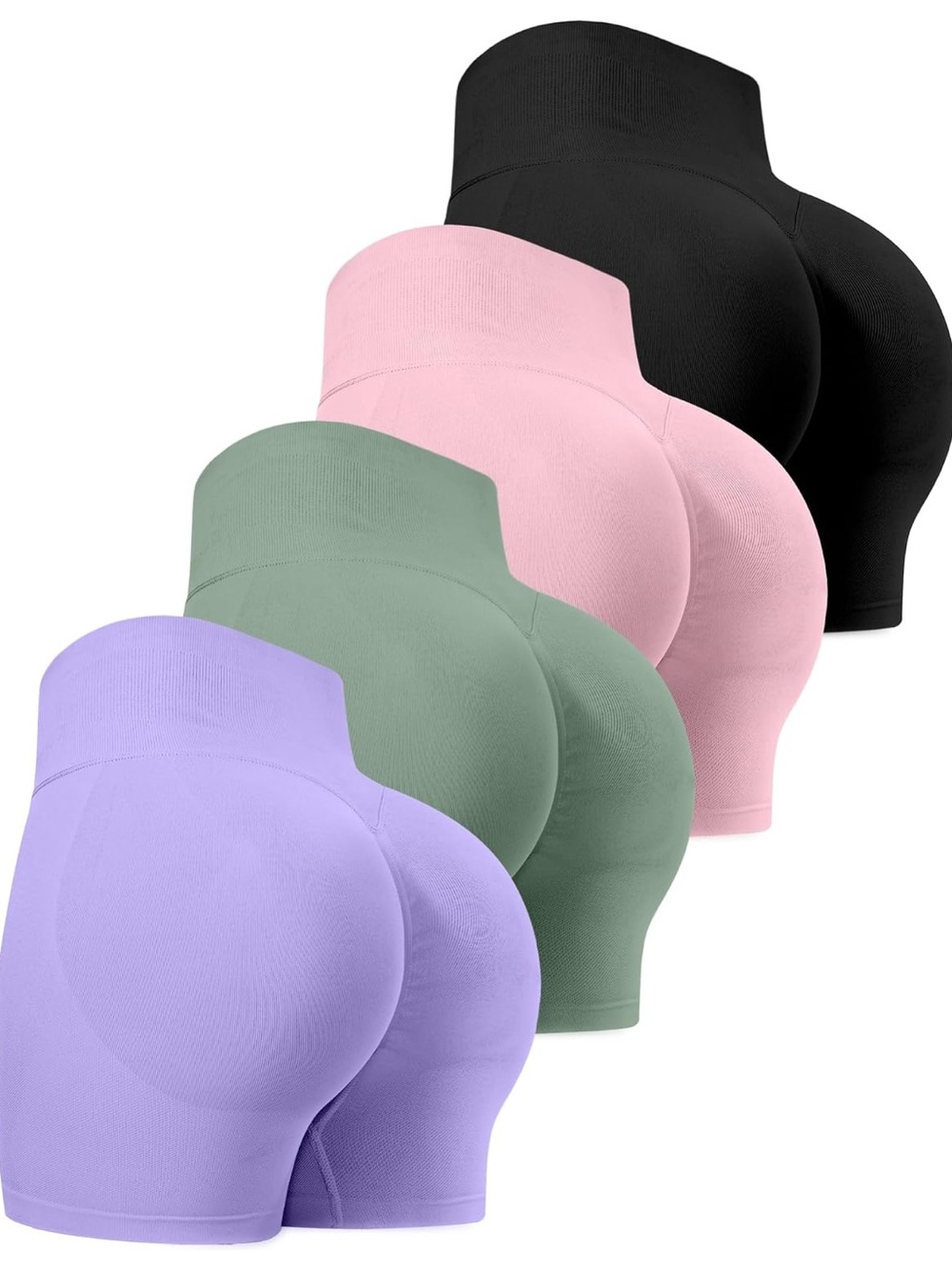High-Waist Seamless Athletic Shorts - 4-Pack (Black, Pink, Sage, Lavender)